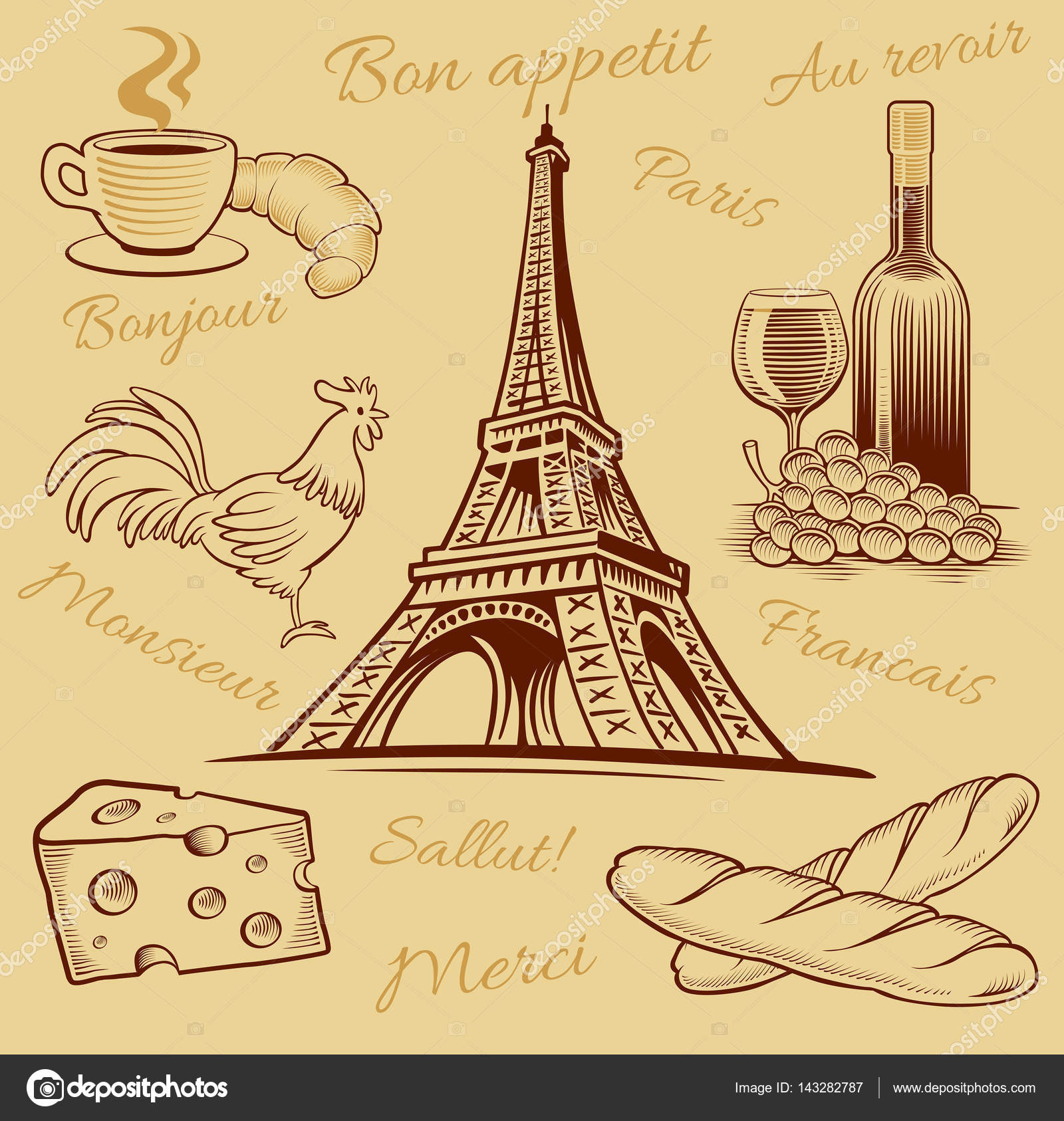 1600x1686 Typical France Food, Croissant, Wine, Cheese, Eiffel Tower Hand