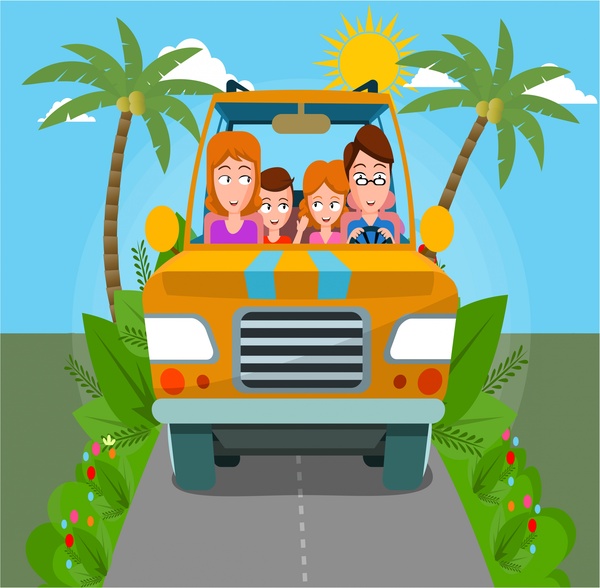 600x588 Happy Family Traveling Car Drawing With Colors Free Vector