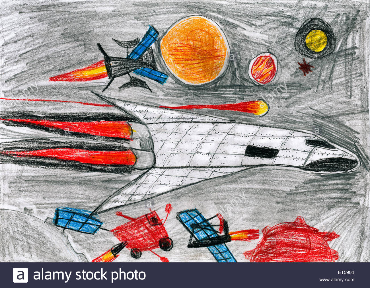 1300x1012 Child Drawing. Space Shuttle In Universe Stock Photo, Royalty Free