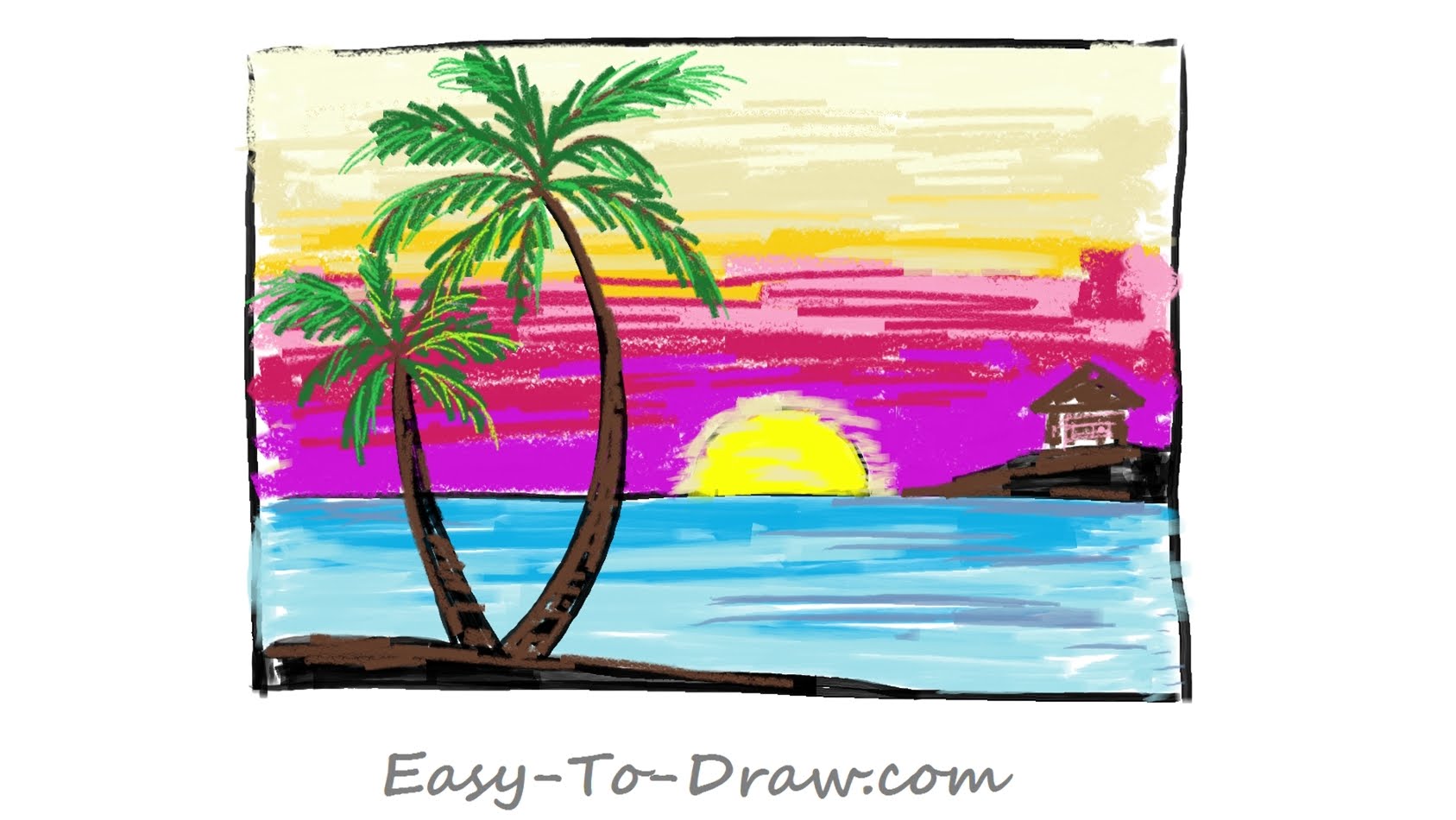 1687x950 How To Draw A Cartoon Seaside Sunset With Coconut Trees Step By