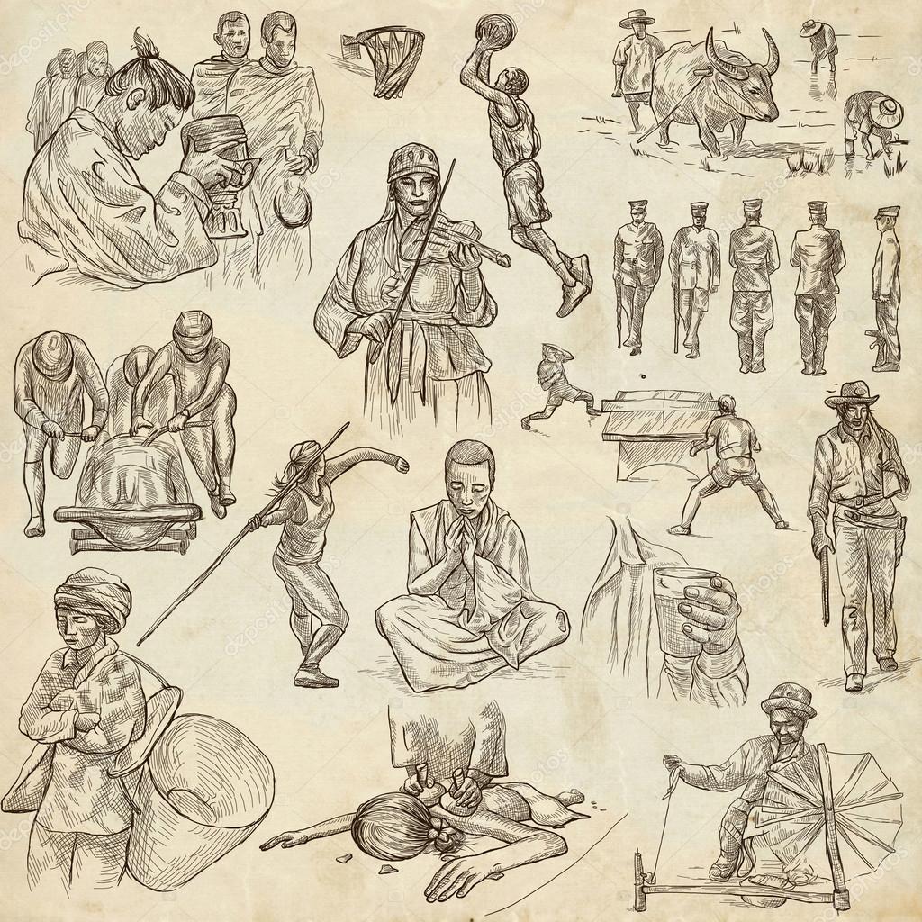 1024x1024 Group Of People. Freehands, Hand Drawn Collection. Line Art