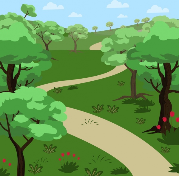 600x591 Natural Landscape Drawing Green Tree Pathway Icons Free Vector