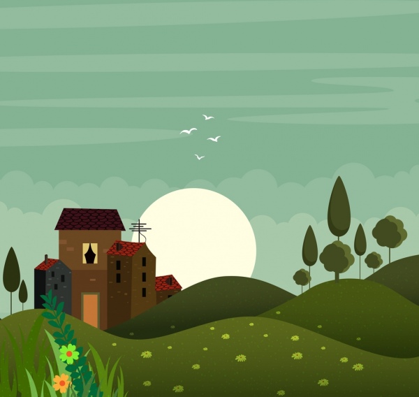 600x568 Nature Hill Landscape Drawing Colored Cartoon Design Free Vector