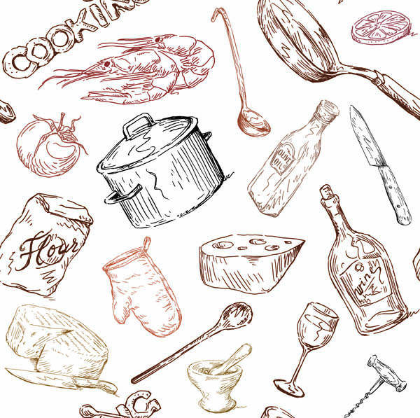 600x597 Line Drawing Of Food And Kitchen Utensils Vector Free Vector 4vector