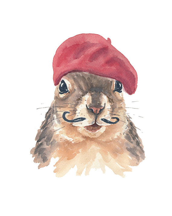 570x713 French Squirrel Original Watercolor Painting