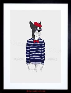 229x300 Painting Drawing Fashion Animals French Bulldog Beret Framed Print