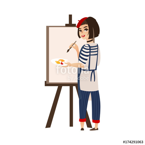 500x500 Vector Flat Cartoon Woman Artist Painter Wearing Beret Drawing