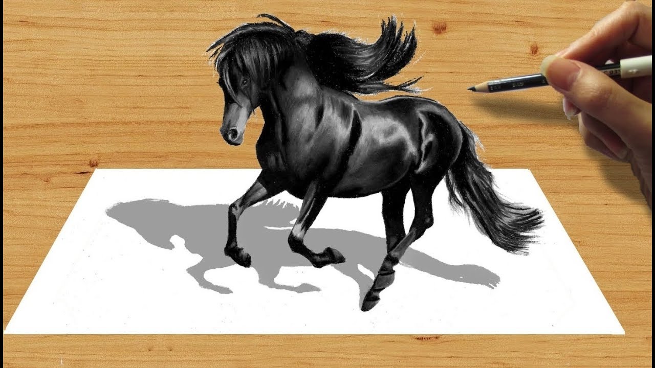 1280x720 3d Pencil Drawing Black Friesian Horse