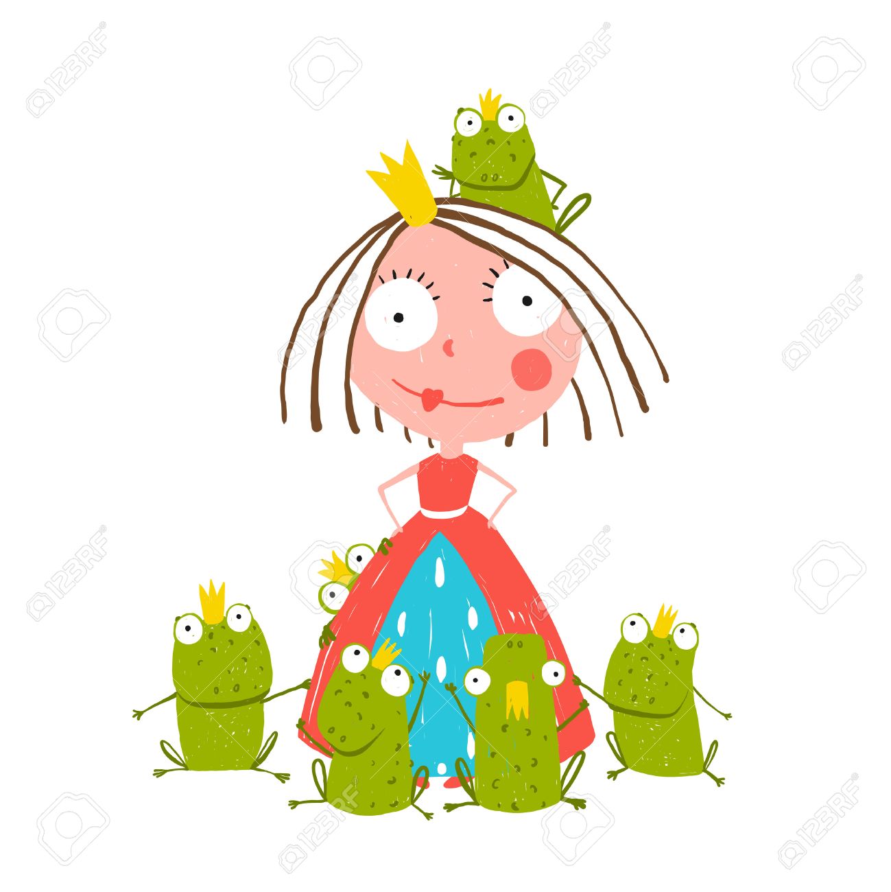 1299x1300 Princess And Many Prince Frogs Portrait Colored Drawing. Colorful