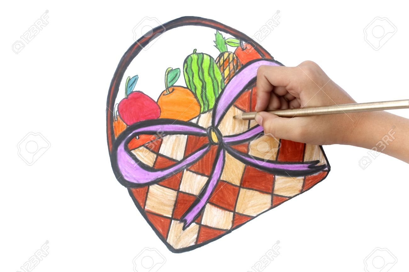 1300x866 Drawing A Fruit Basket On White Background Stock Photo, Picture