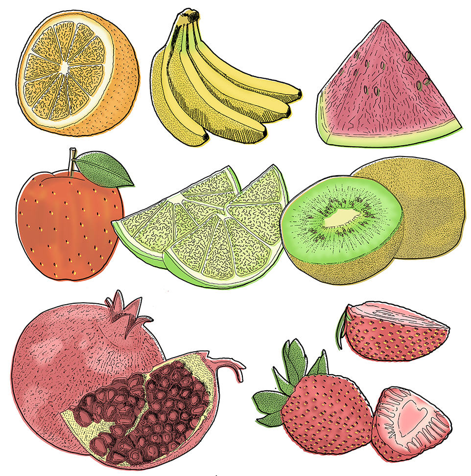 962x973 Fruit And Fast Food Detailed Drawings