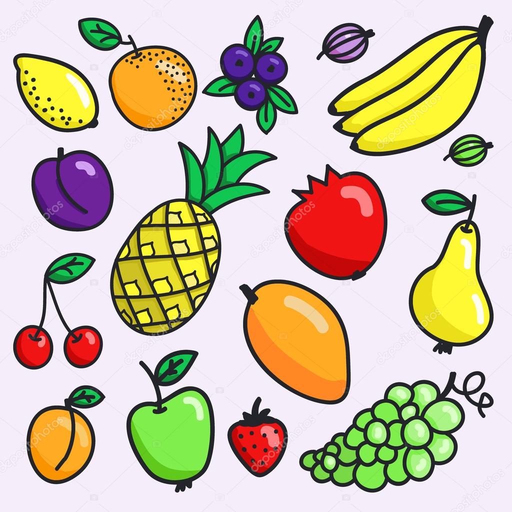 1024x1024 Fruit Set. Hand Drawn Different Cartoon Fruits. Doodle Drawing