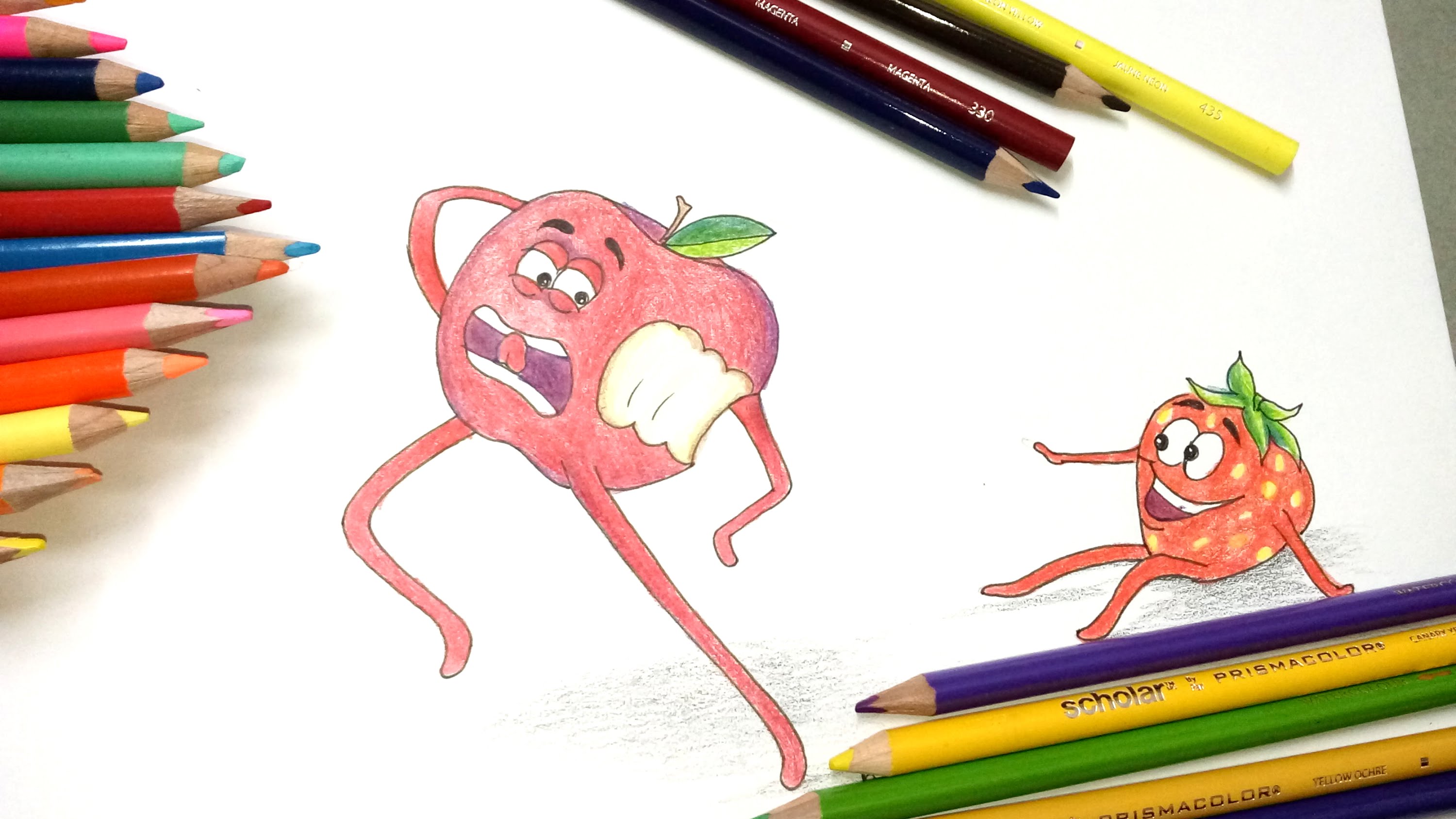 3000x1688 Drawing Funny Cartoons How To Draw An Apple And Strawberry