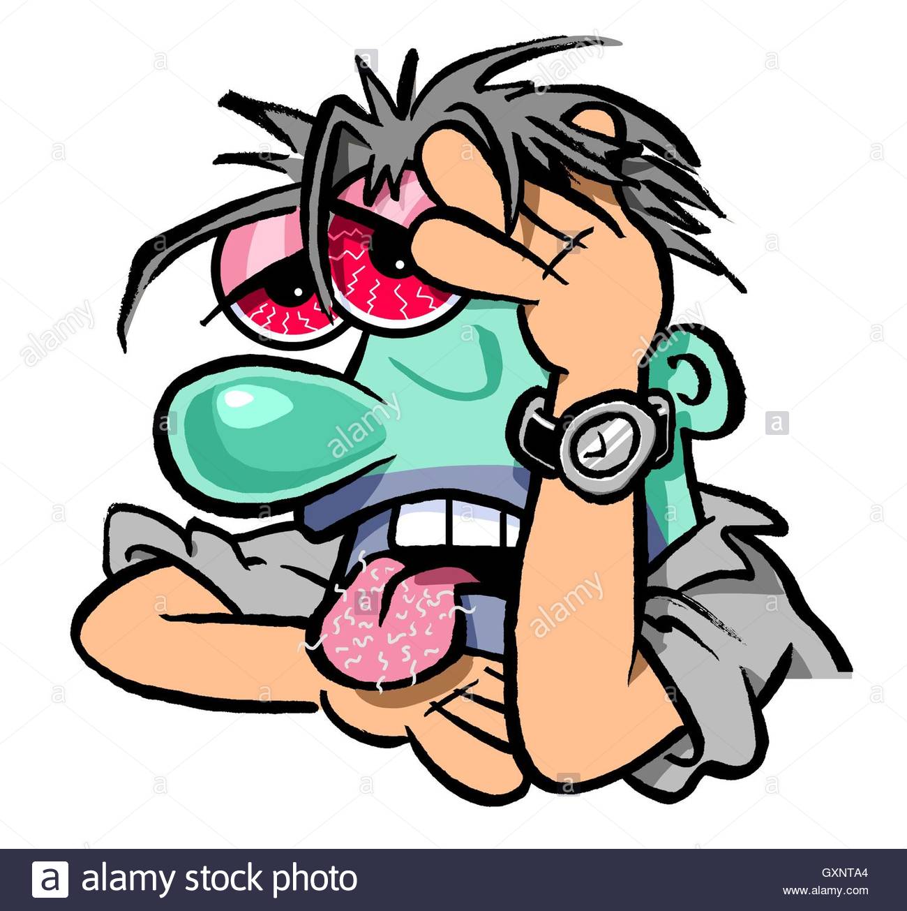 1300x1305 Funny Cartoon Man With Hangover, Messy Hair, Tongue Out And Red