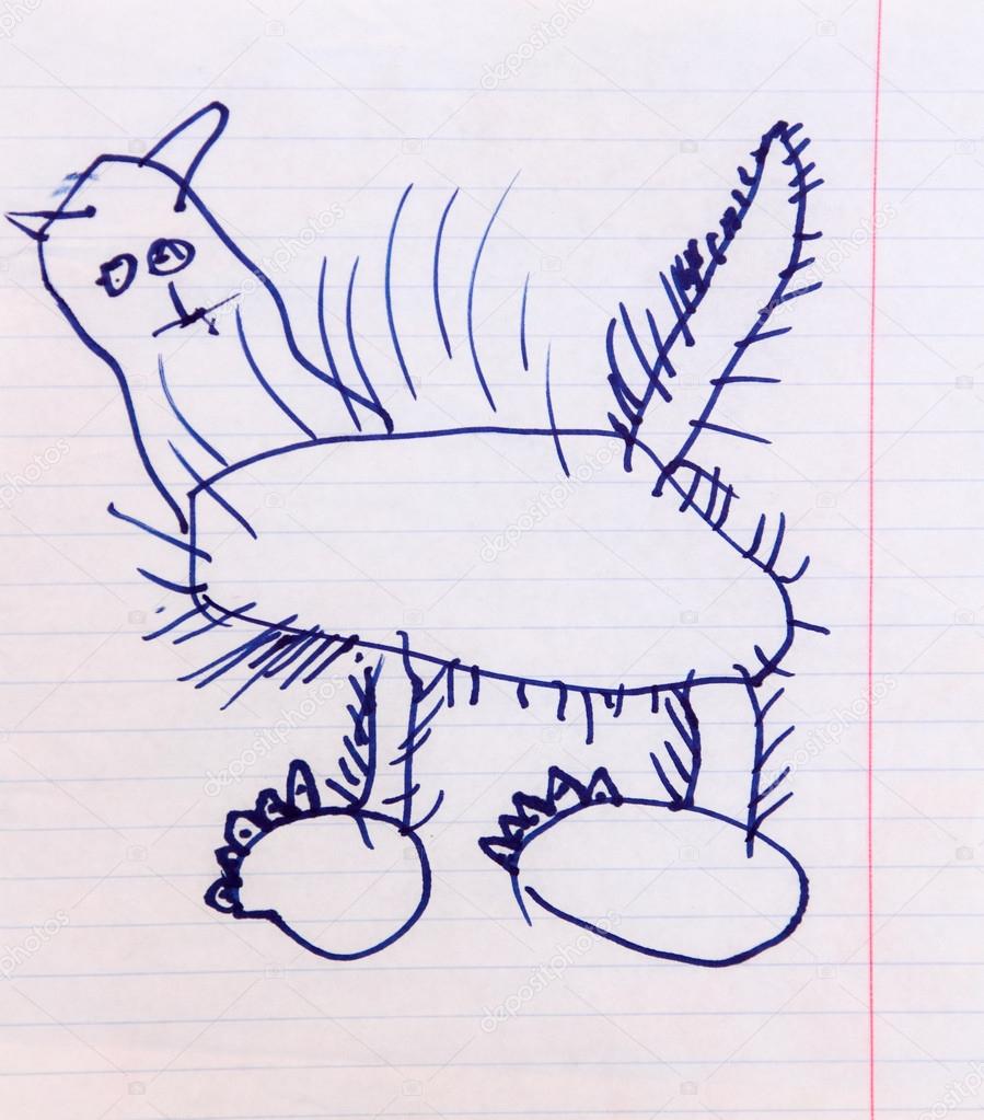 899x1023 Funny Cat Childish Drawing Art Isolated On White Stock Photo