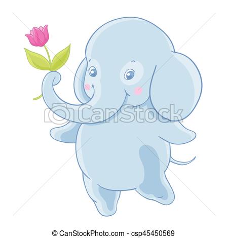 450x470 Funny Blue Cartoon Elephant Gives A Flower. Vector Clip Art