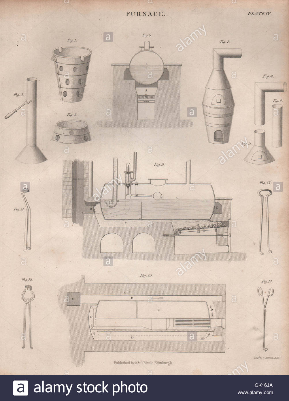 1003x1390 Victorian Engineering Drawing Of A Furnace. Britannica, Antique