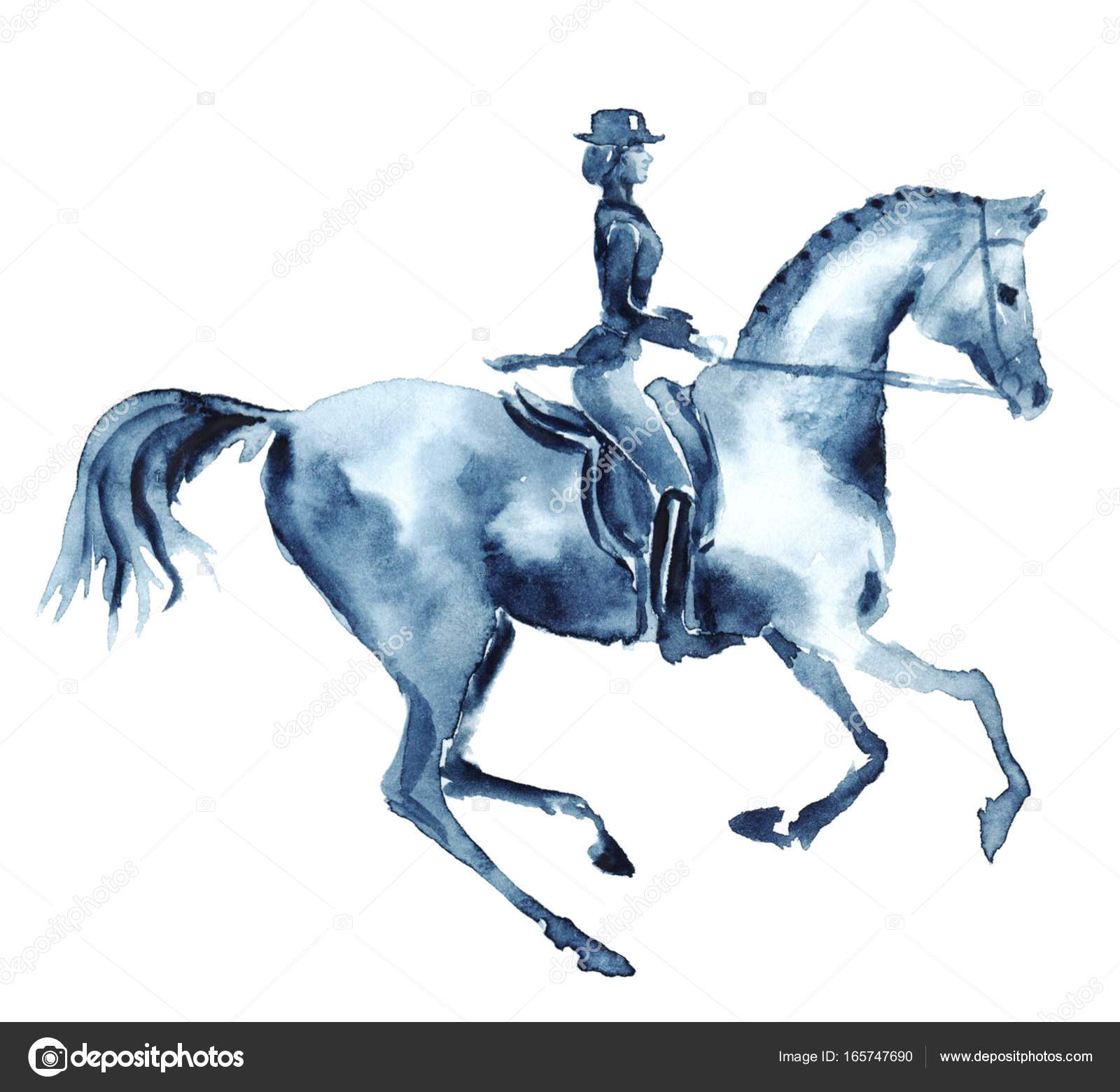 1600x1560 Watercolor Rider And Dressage Galloping Horse On White. Stock