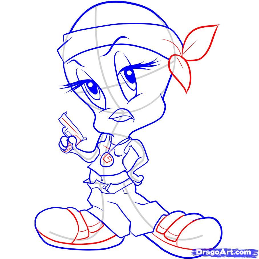 908x908 Gangster Tweety How To Draw Gangster Tweety Step 5