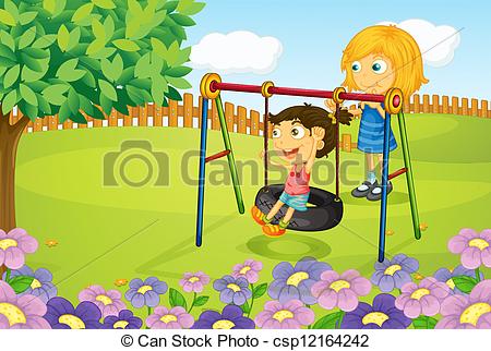 450x322 Illustration Of Kids Playing Swing In Garden Eps Vector