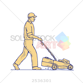 340x340 Stock Illustration Of Yellow Drawing Gardener Man Pushing