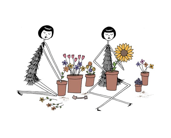 600x484 Gardening Drawing Art Print Planting Flowers Illustration