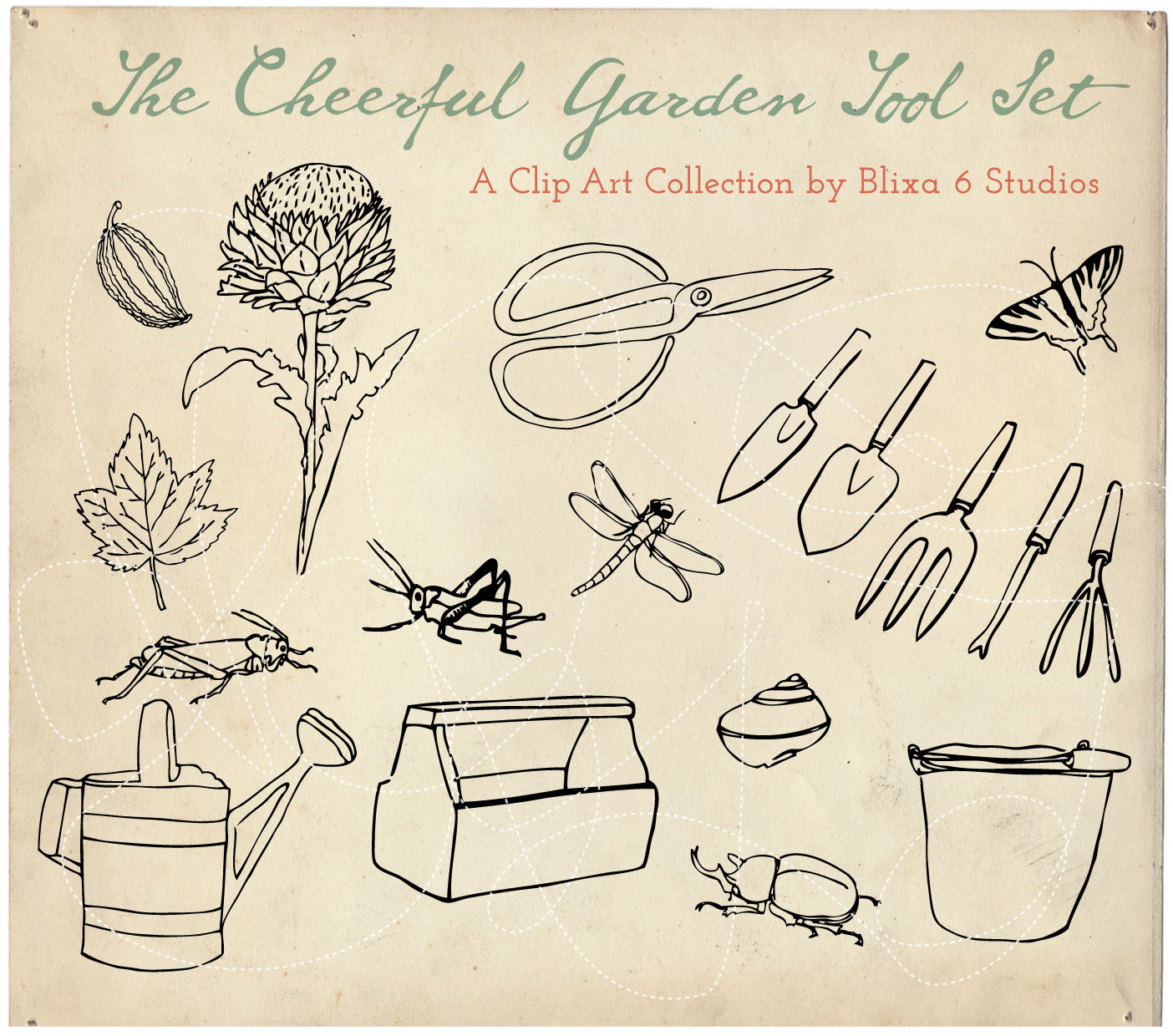 1404x1240 Garden Tool Digital Clip Art 18 Cheerful Line Drawings