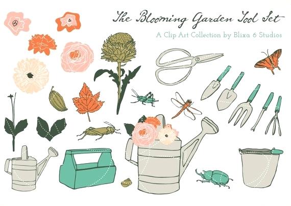 570x404 Gardening Tools Drawing Blooming Garden Digital Clip Art Drawing