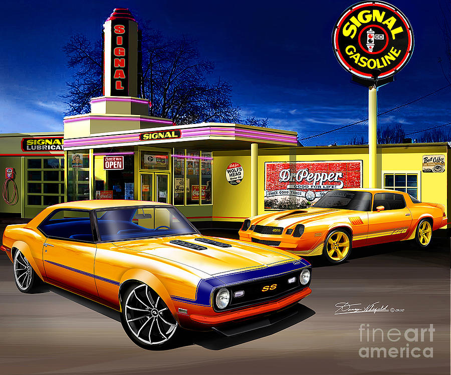900x750 At The Signal Gas Station Feauturing The Camaro Gang Drawing By