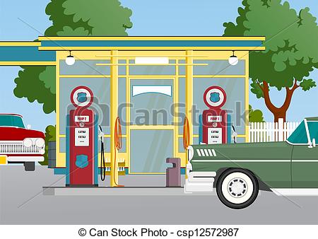 450x338 Retro Gas Station. Small Gas Station With Service, Cartoon