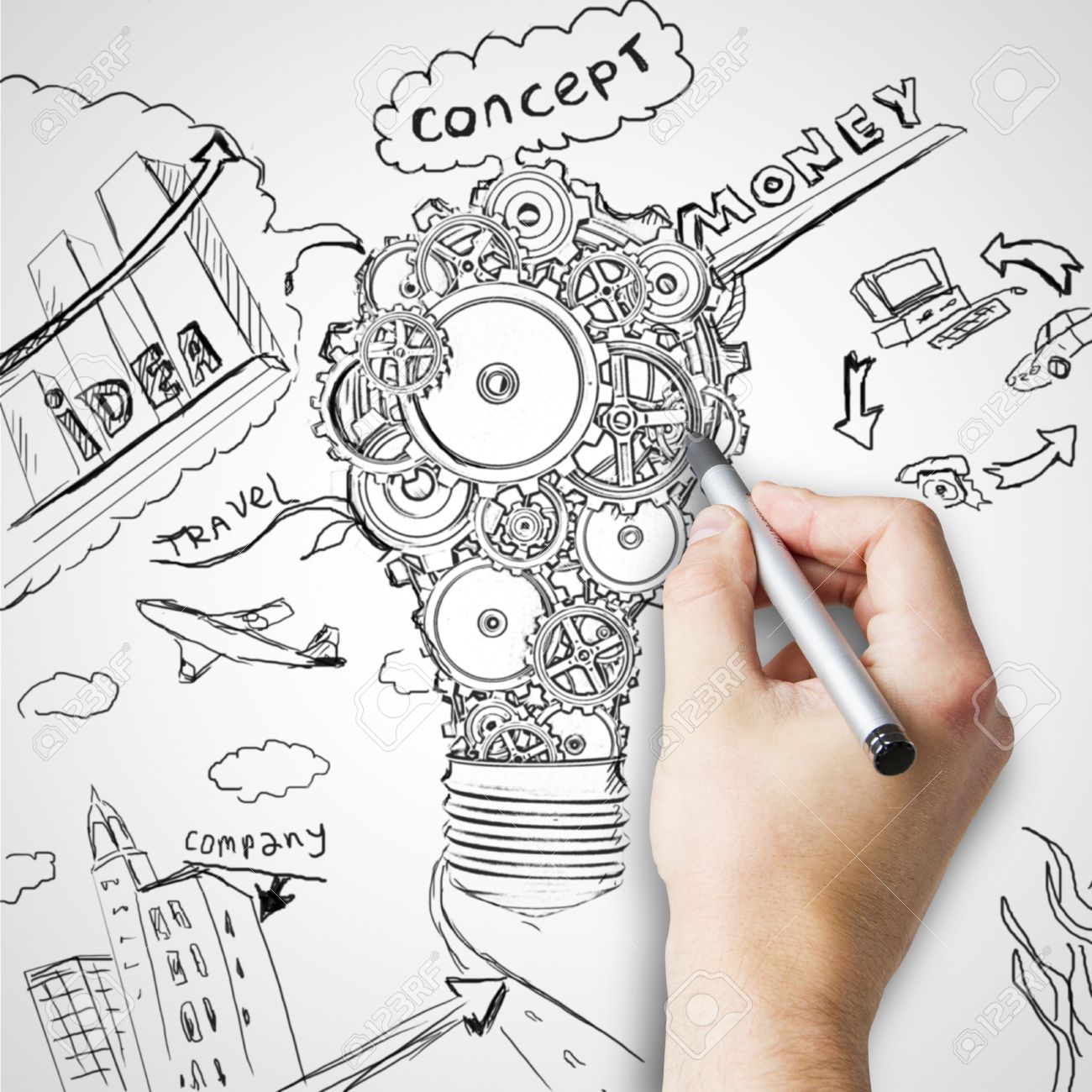 1300x1300 Hand Drawing Lamp With Gears Cogs Stock Photo, Picture