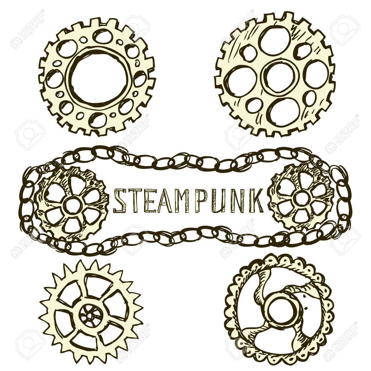 1300x1300 Steel Gears, Steampunk, Hand Drawing, Vector Illustration Royalty