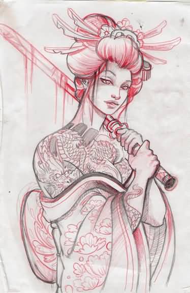 374x576 Geisha Tattoo Geisha Warrior Sketch