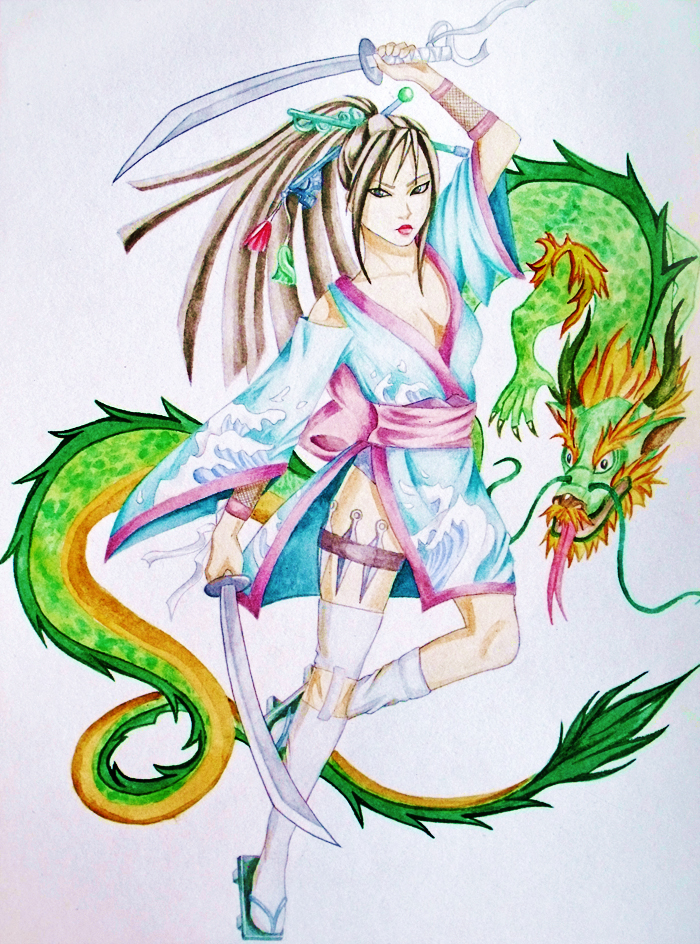 700x944 Geisha Warrior And Dragon By Kitehh