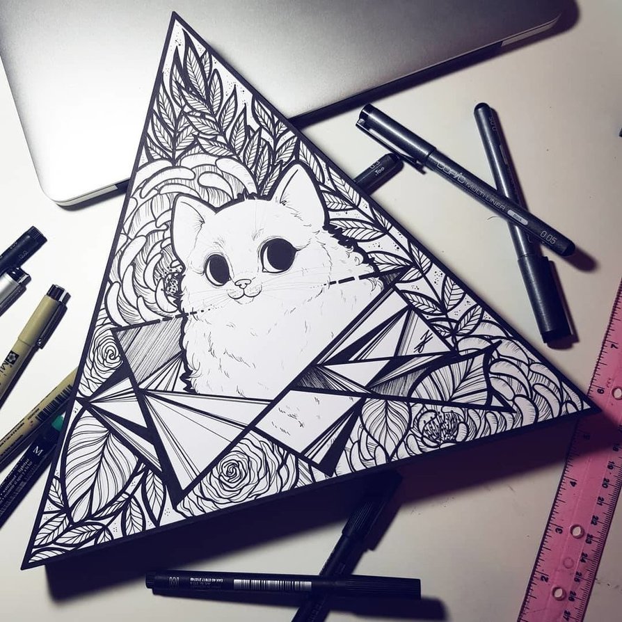 894x894 Geometric Cat Flower Drawingpainting By Caspalpo