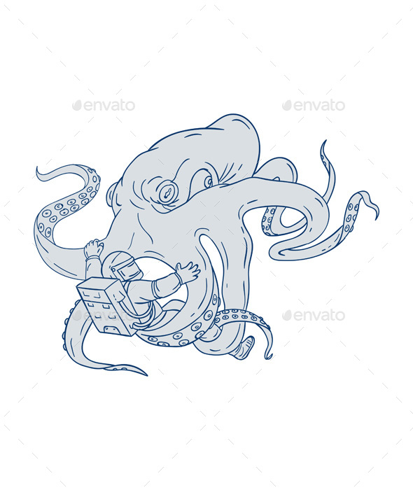 590x700 Giant Octopus Fighting Astronaut Drawing By Patrimonio Graphicriver