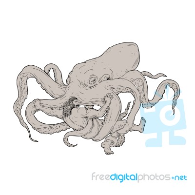 400x400 Hercules Fighting Giant Octopus Drawing Stock Image