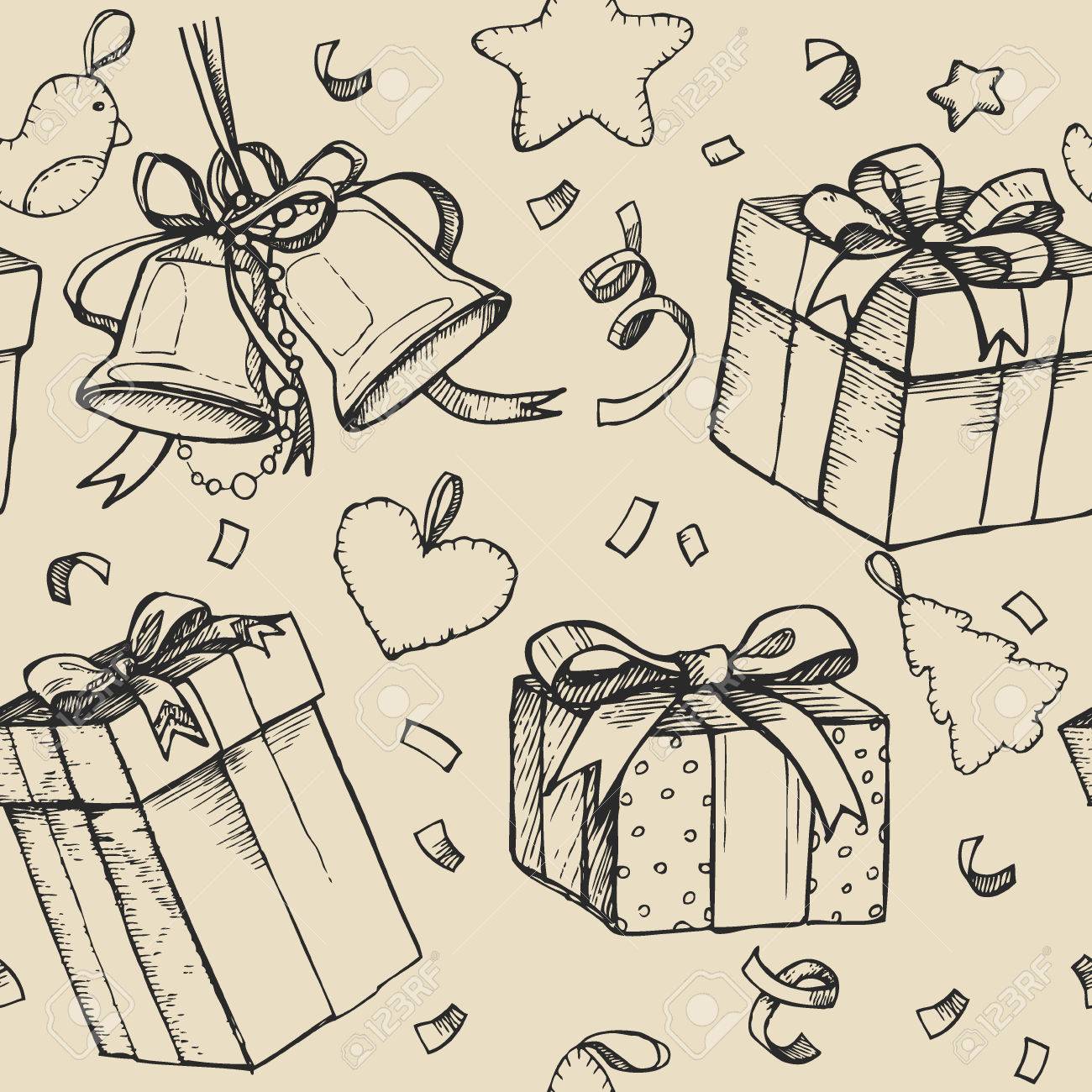 1300x1300 Vintage Hand Drawing Background With Bells, Gift Boxes And Toys