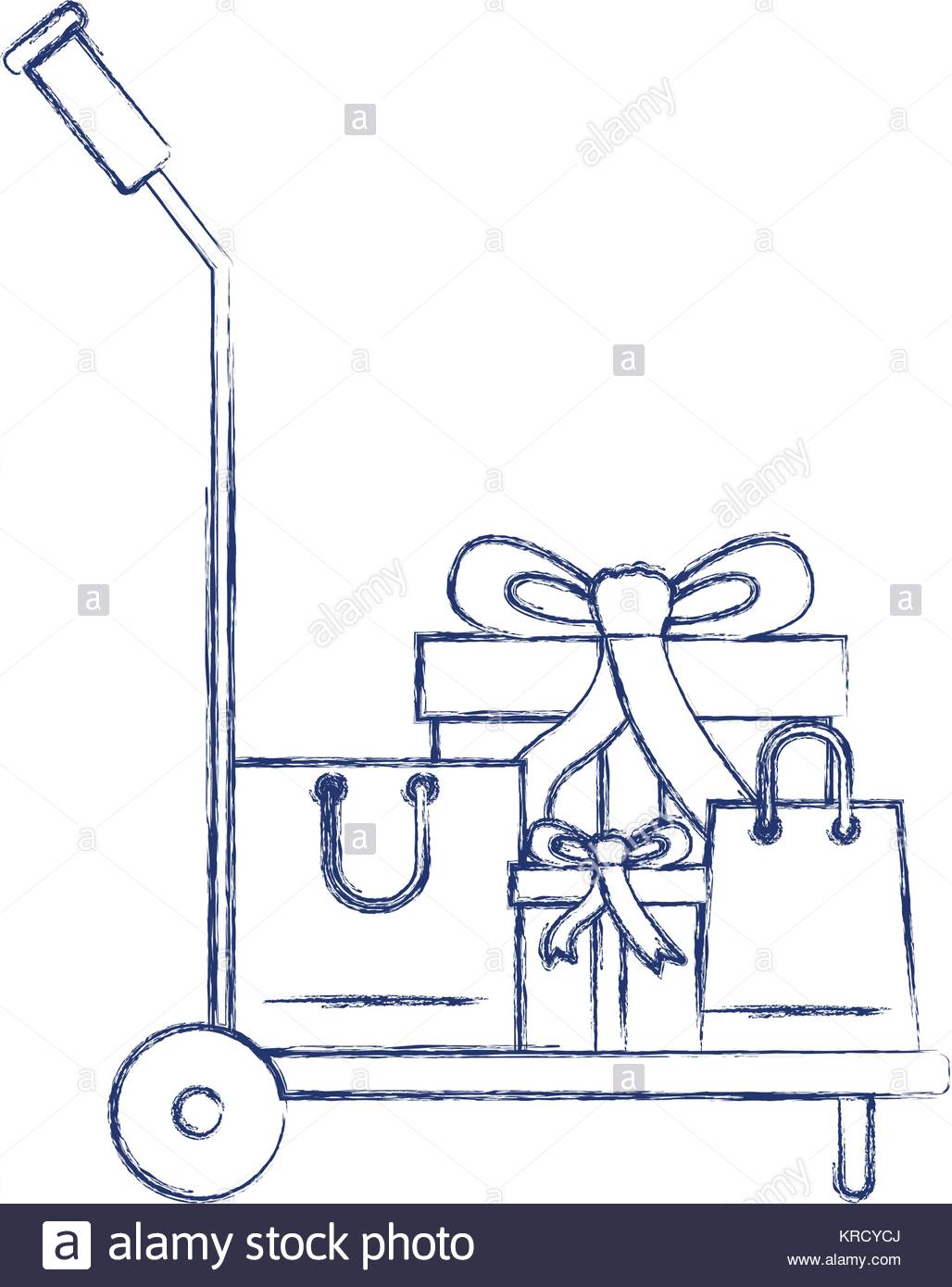 1028x1390 Hand Truck With Gift Boxes And Shopping Bags In Dark Blue Blurred