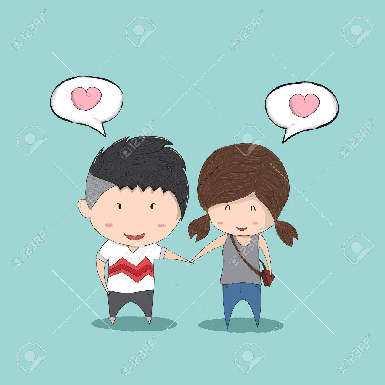 1300x1300 Cute Cartoon Boy And Girl Hand In Hand In Love And Secretly Like
