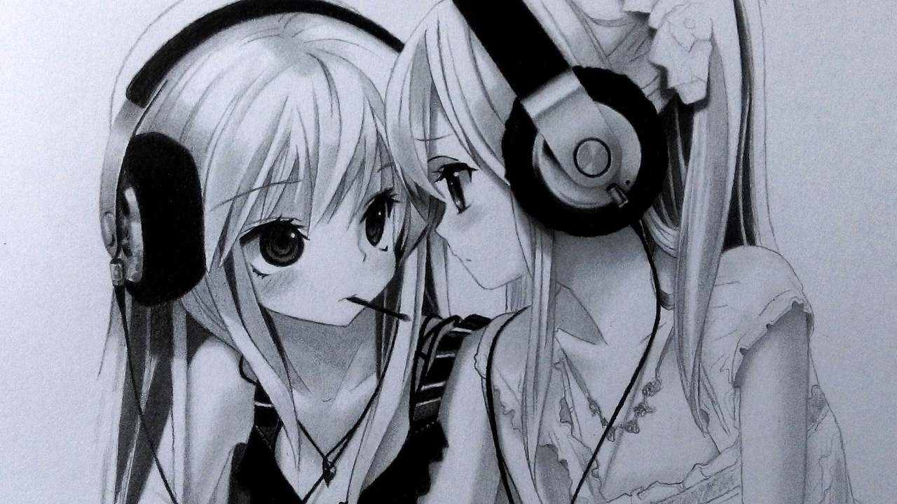 1280x720 Drawing Two Anime Girls With Headphones Graphite Pencil