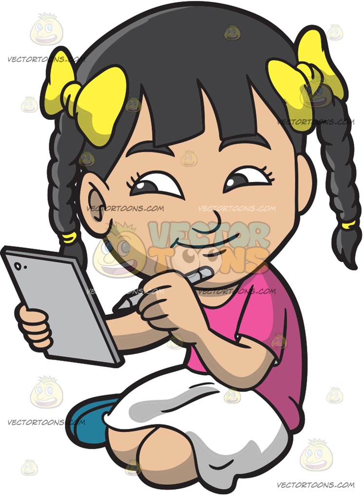 745x1024 An Asian Girl Drawing Something On Her Mobile Tablet Cartoon