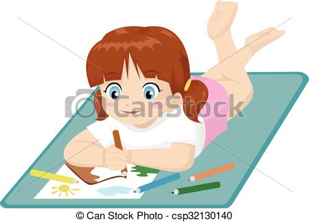 450x324 Vector Illustration Of A Little Girl Drawing While Lying Eps