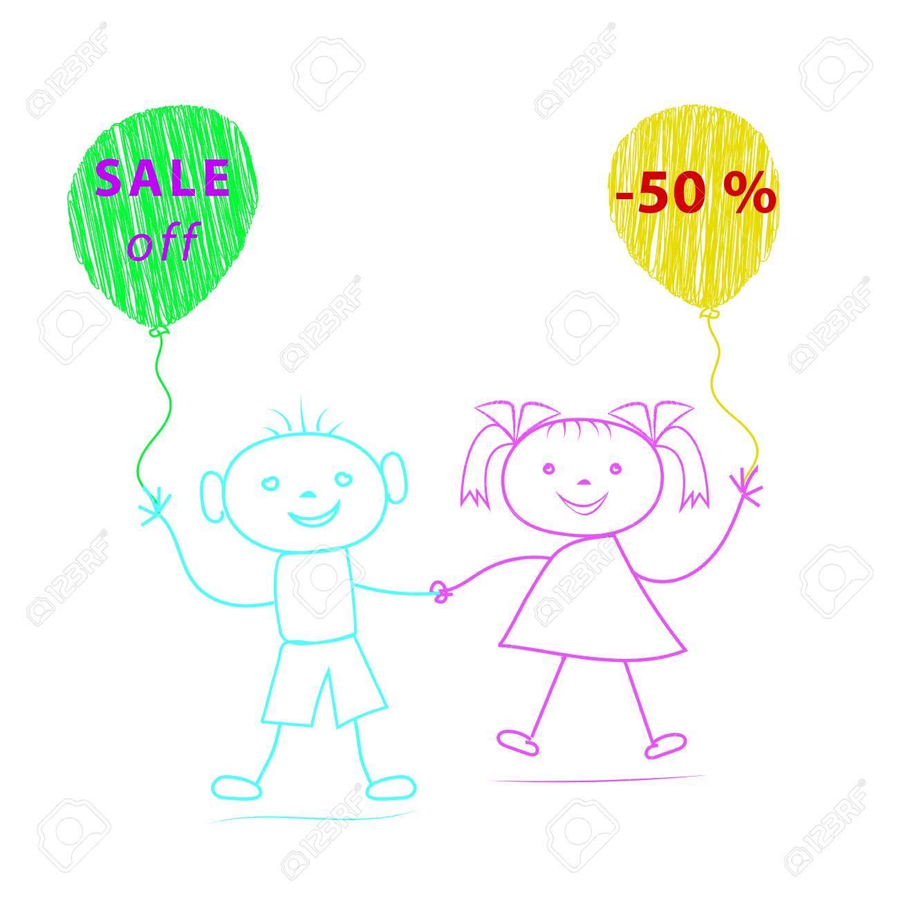 1300x1300 Cartoon Boy And Girl With Balloons Drawn By Chalk On White