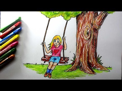 480x360 How To Draw Scenery A Beautiful Girl Swing And Play On Tree