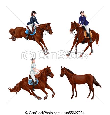 450x470 Woman, Girl Riding Horses Set, Isolated. Family Equestrian