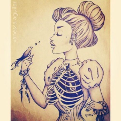 500x500 Pencil Drawing Of Girl Singing To Bird. Her Ribs Are Coming Out