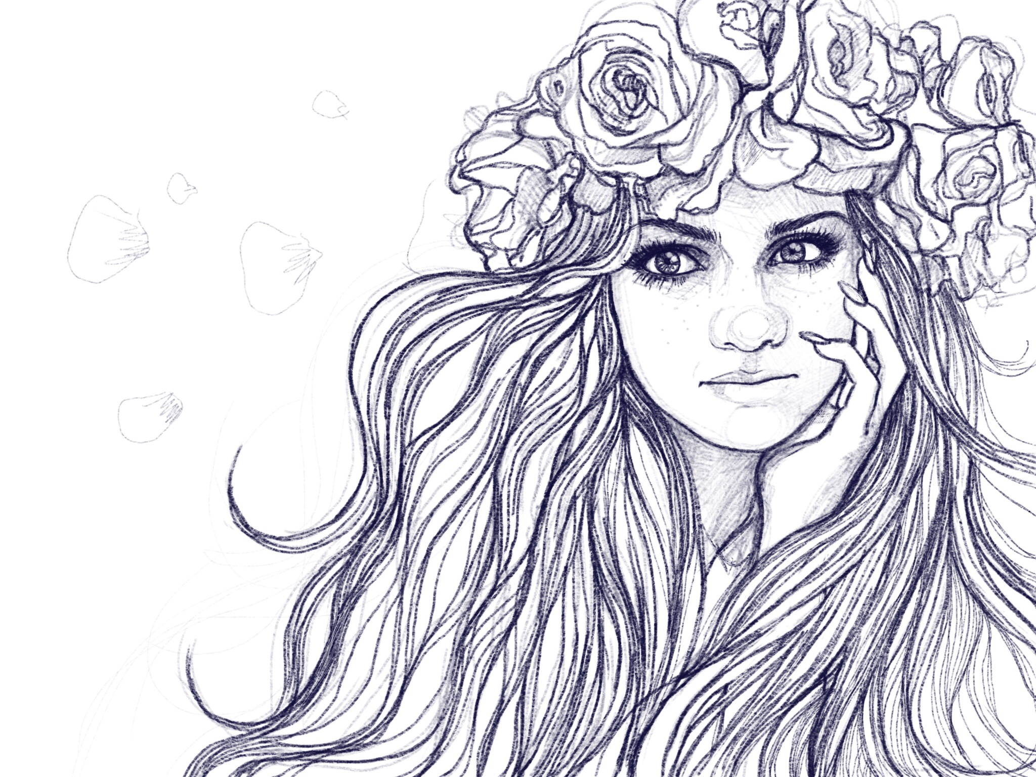 2048x1536 My Drawing Of Girl With Flowers In Her Blowed Hair, Www.qoolka Art