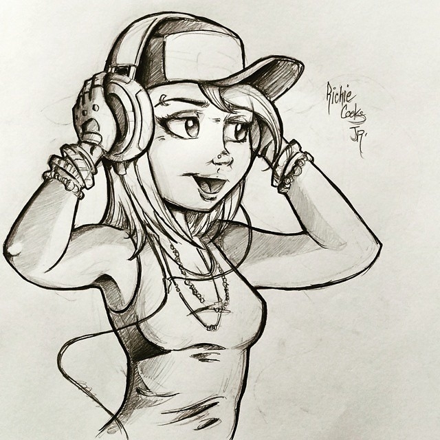 640x640 Girl With Headphones Drawing