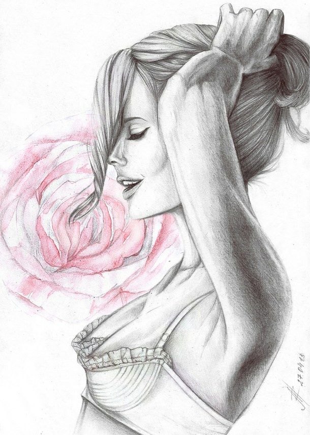 610x855 Bun, Drawing, Flower, Girl, Hair, Pink, Rose 1